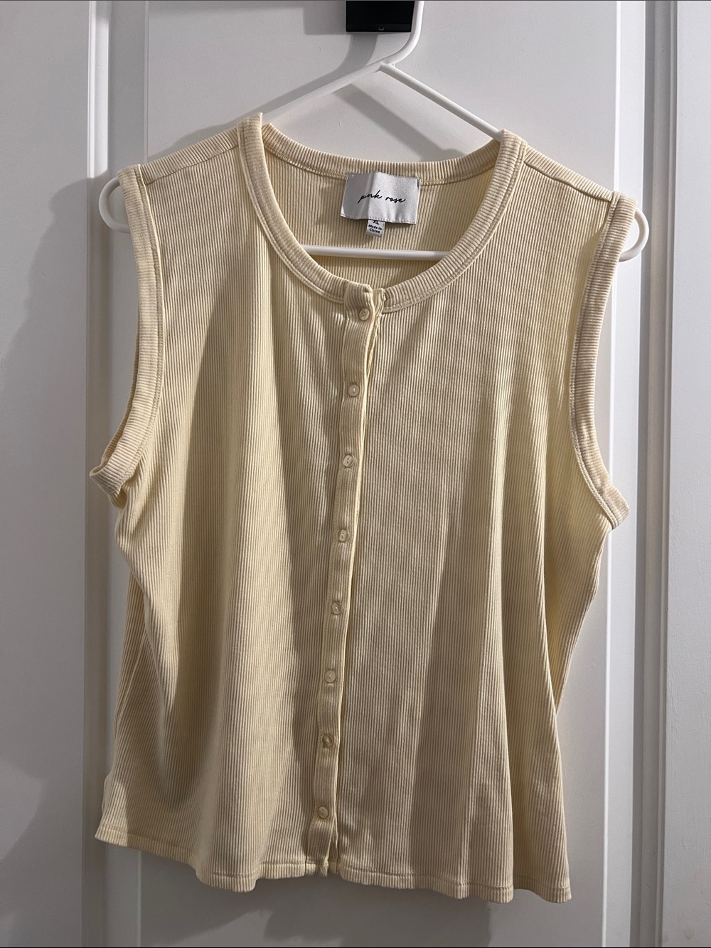 Pink Rose Sleeveless Ribbed Button-Front Tank in Butter Yellow